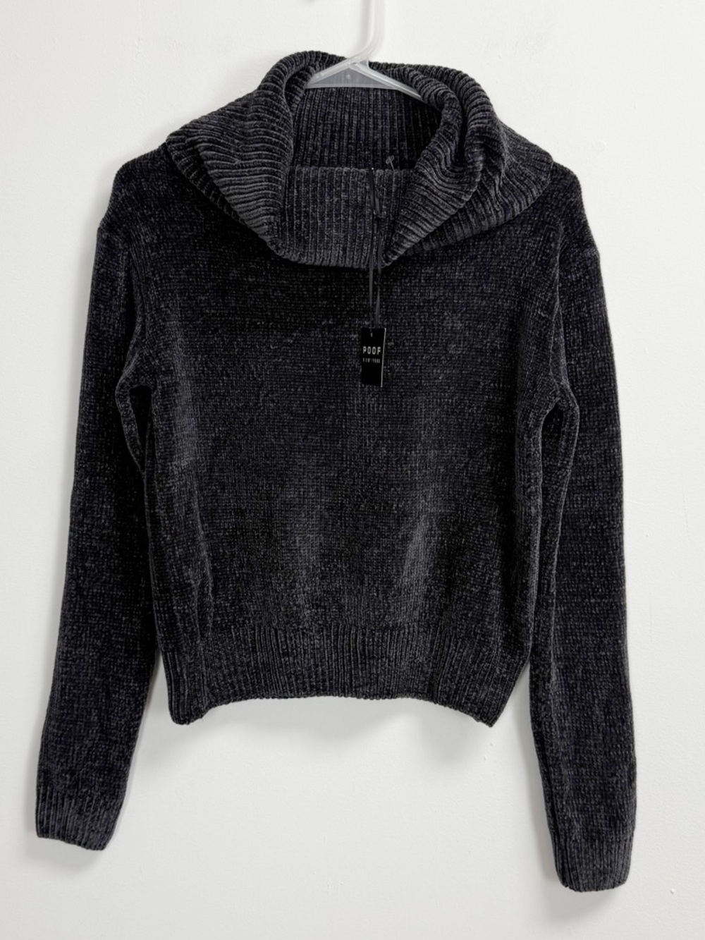 Poof Cowl Neck Chenille Sweater Womens Medium Gray Pullover Knit Long Sleeve NWT